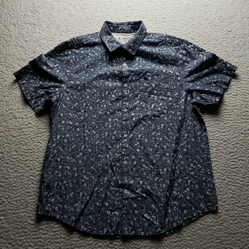 Original Penguin Shirt Mens Large Blue Floral Short Sleeve Button-Up Casual